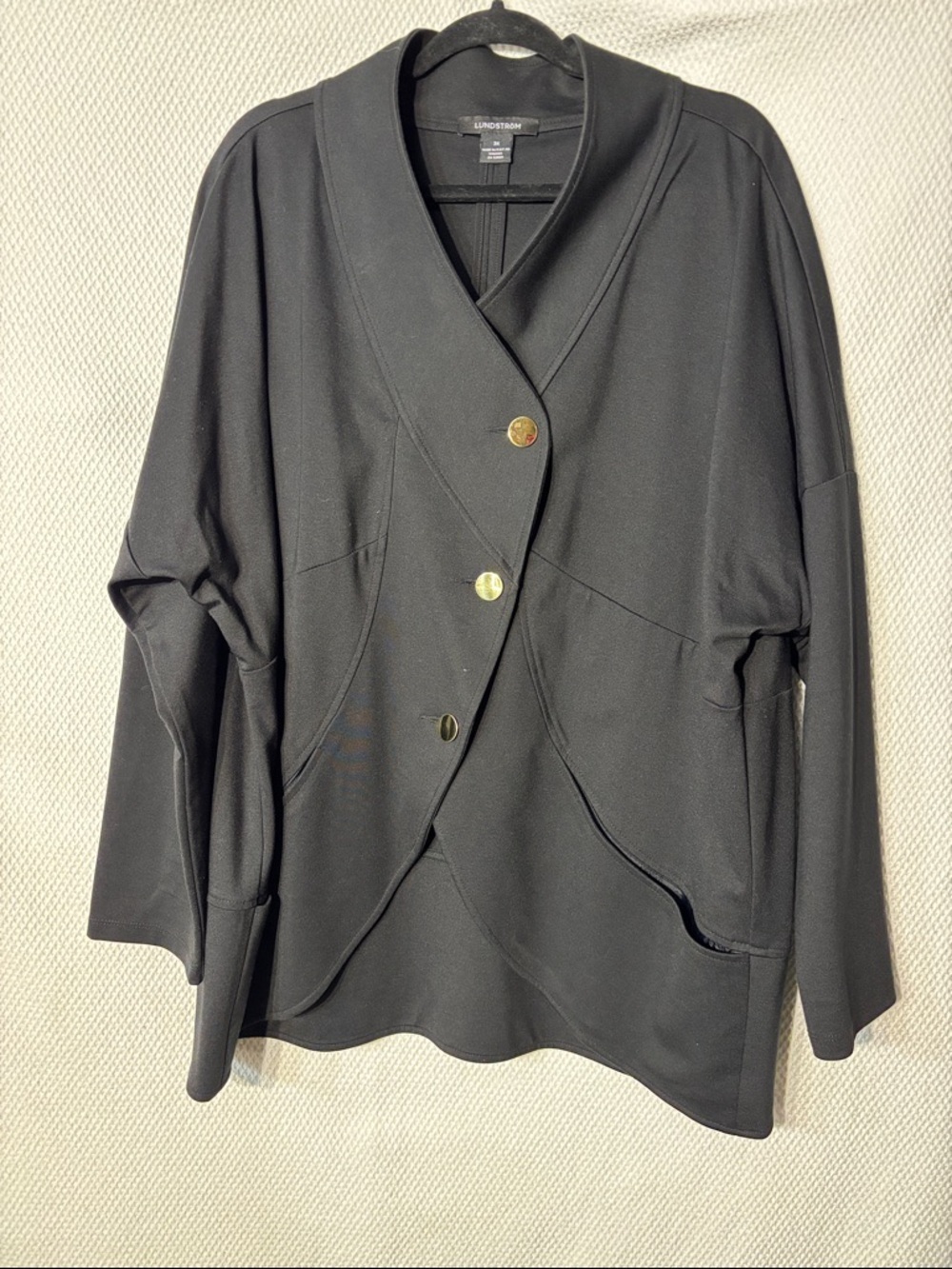 LUNDSTROM Sz 3X Black Draped Shawl-Collar Jacket with Gold Buttons Tulip Hem